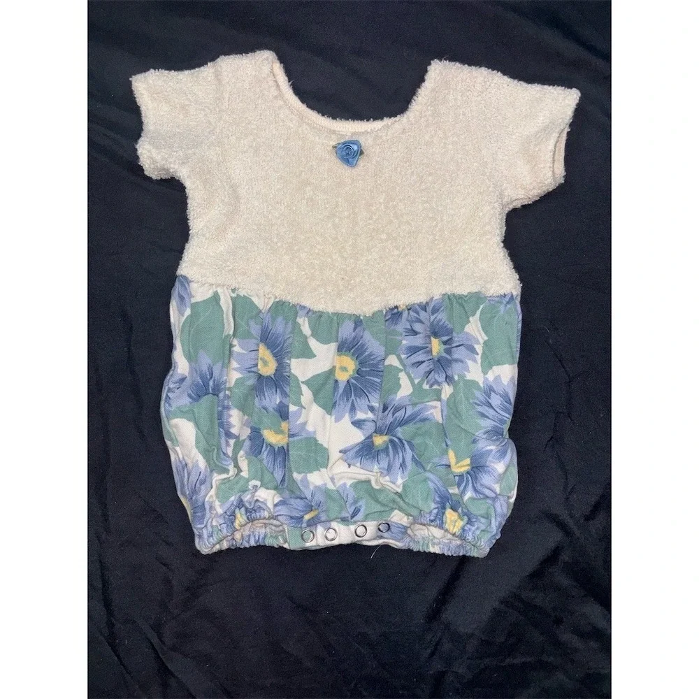 L.A. Baby Vintage Floral Bubble Romper 3-6 Months Cream Blue Daisy Cotton USA